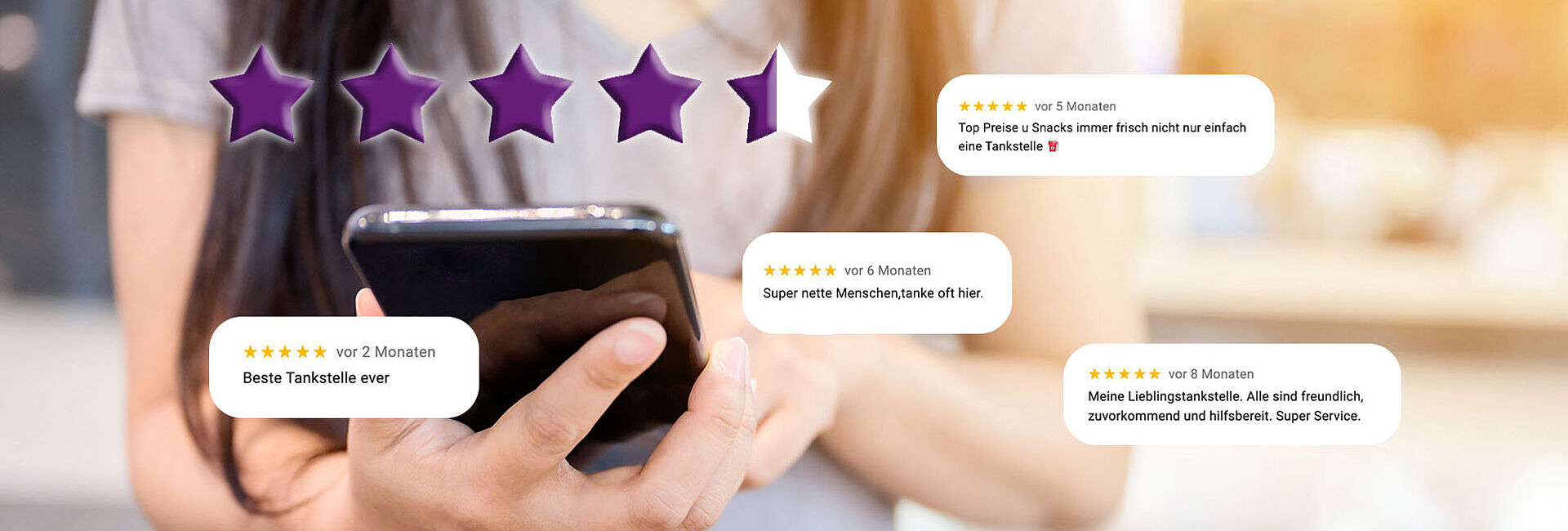 4,4 von 5 Sternen: Herzlichen Dank an unsere Kunden und Tankstellenpartner für die ausgezeichneten Bewertungen bei Google!