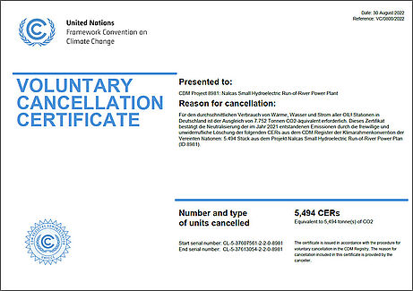 Voluntary Cancellation Certificate der United Nations Framework Convention on Climate Change (CDM Projekt 8981: Nalcas)